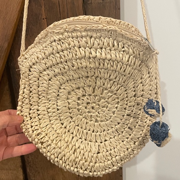 Circular Straw /Raffia Crossbody Bag with Pom Poms and Zipper Enclosure - Picture 4 of 9